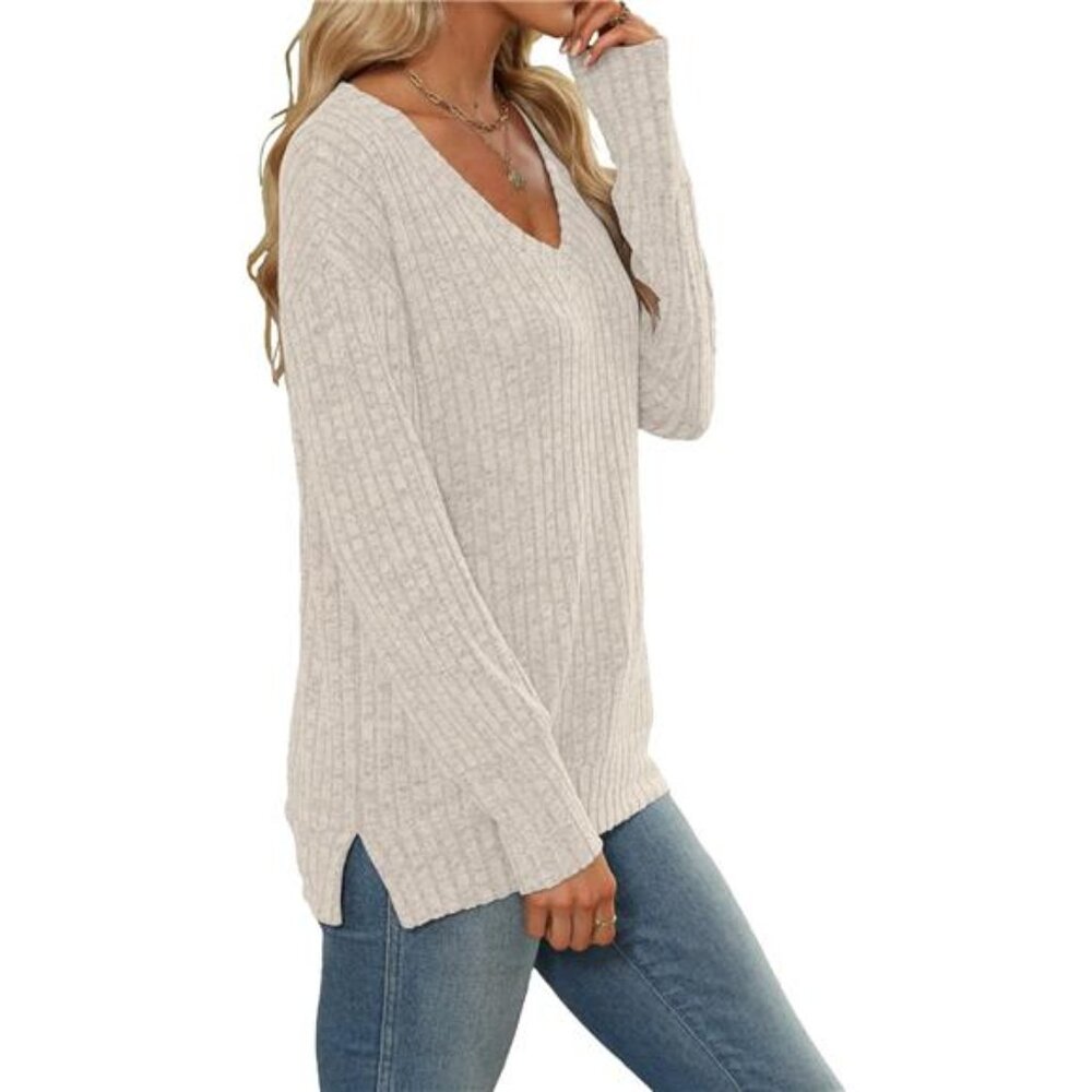 Womens V Neck Sweatshirt Long Sleeve Casual Loose Tunic Top Fall Winter Shirt - Picture 3 of 5